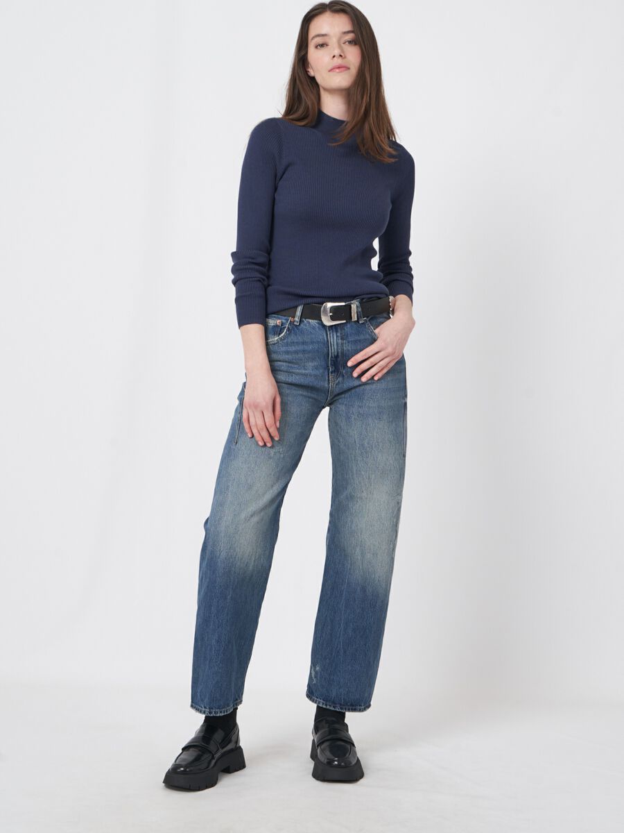 Cotton blend fine rib knit turtleneck sweater image number 2