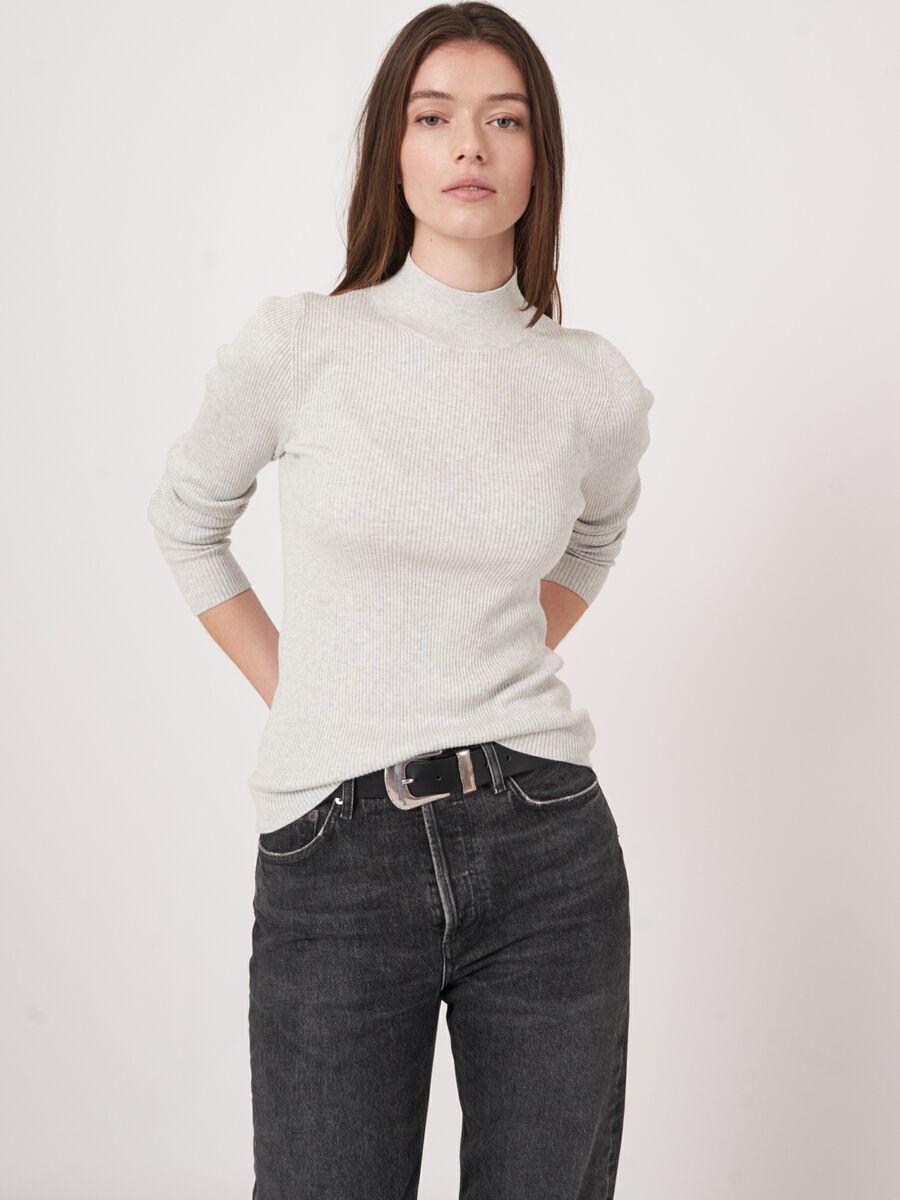 Cotton blend fine rib knit turtleneck sweater image number 0