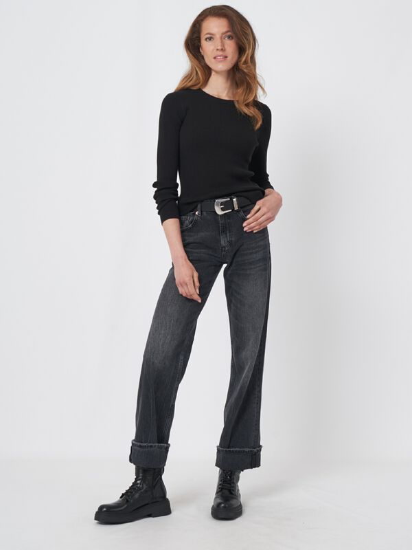 Cotton blend fine rib knit round necksweater image number 2