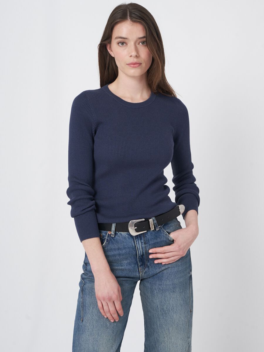 Cotton blend fine rib knit round necksweater image number 0