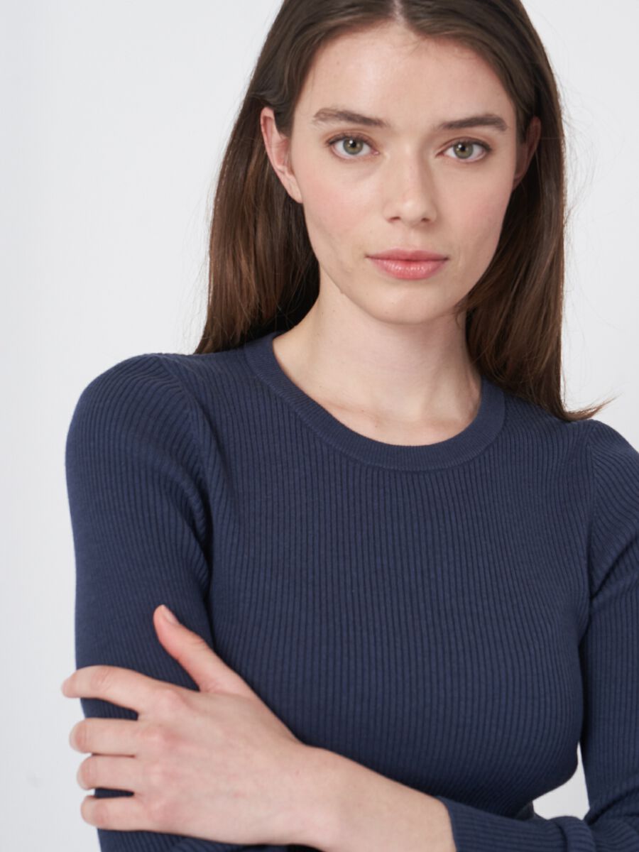 Cotton blend fine rib knit round necksweater image number 1