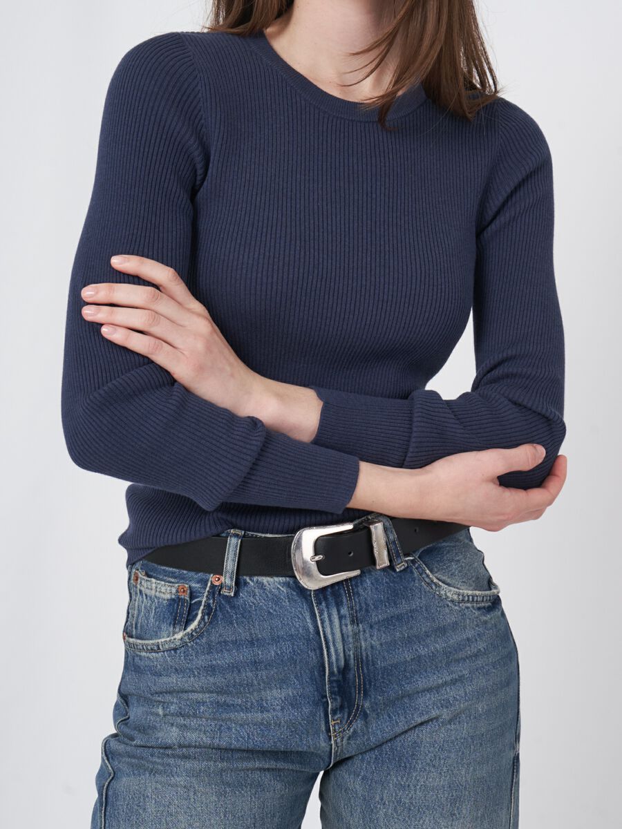 Cotton blend fine rib knit round necksweater image number 3