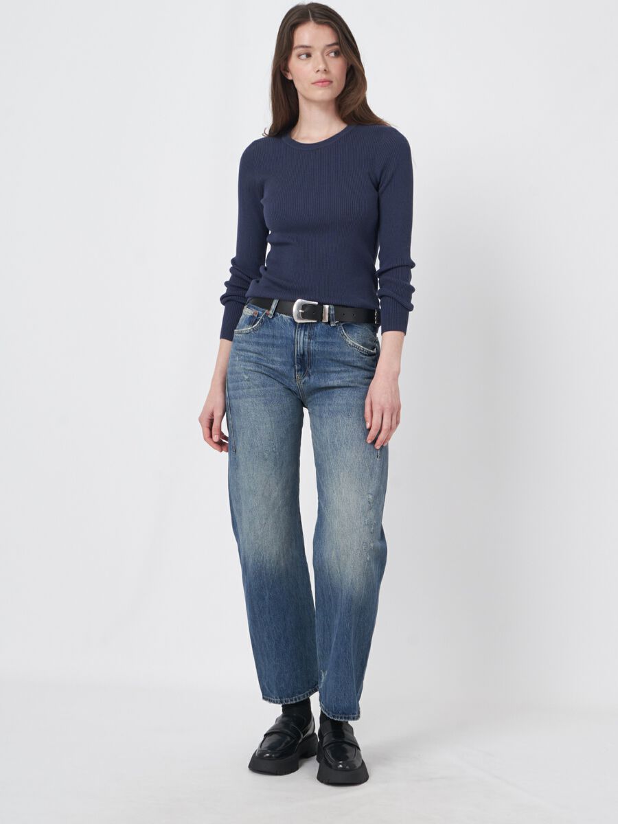 Cotton blend fine rib knit round necksweater image number 2