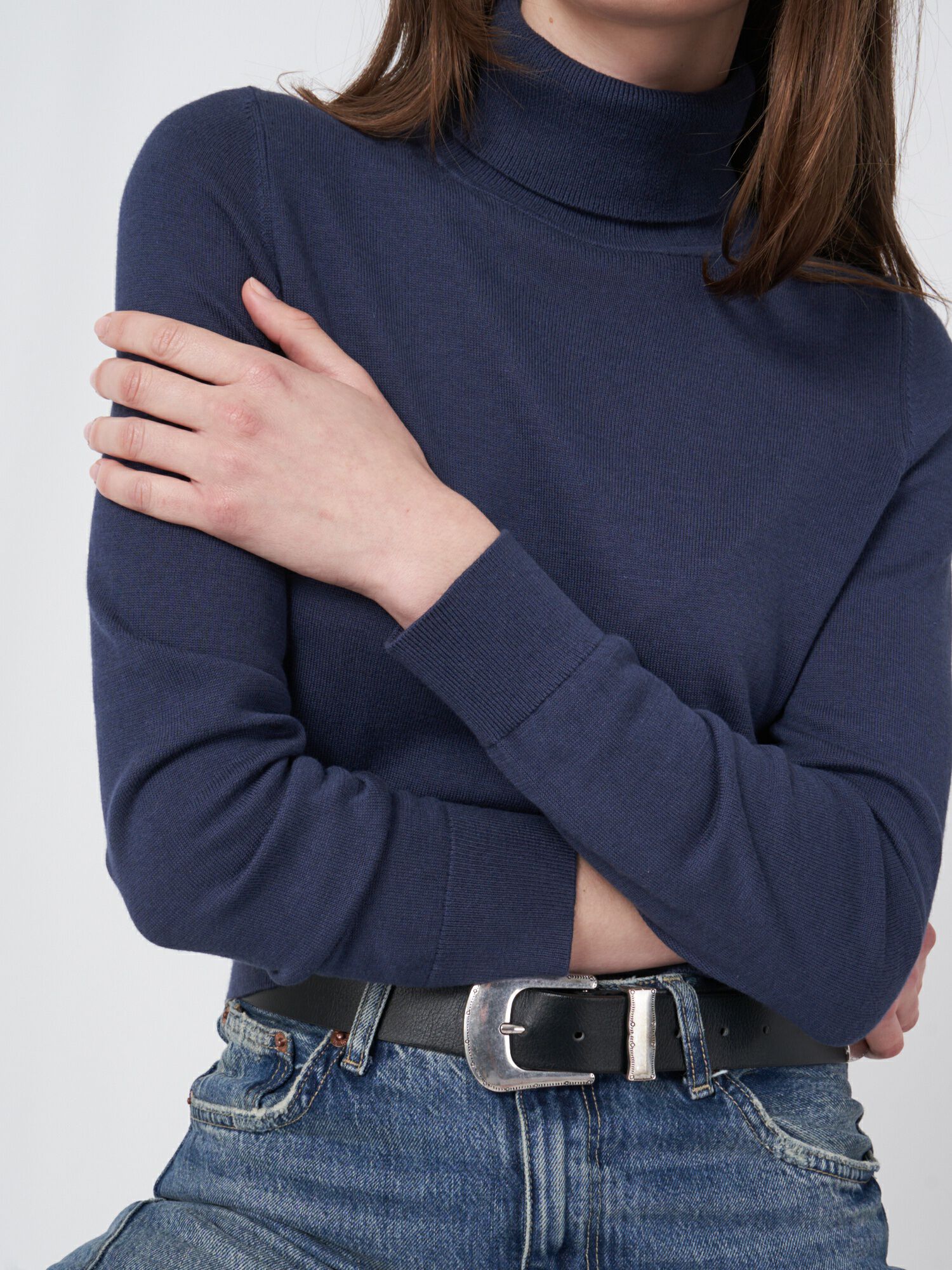Cotton blend fine knit turtleneck sweater