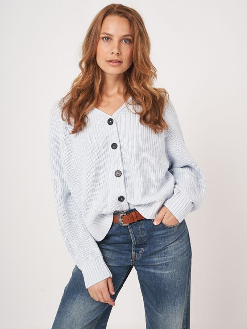 Chunky rib knit cotton V-neck cardigan