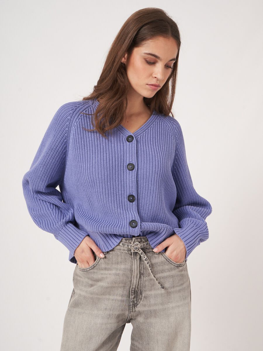 Chunky rib knit cotton V-neck cardigan image number 0