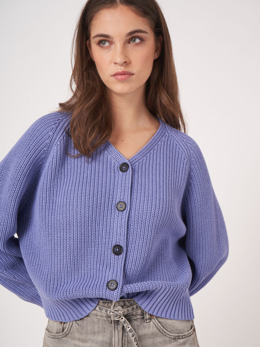 Chunky rib knit cotton V-neck cardigan image number 4