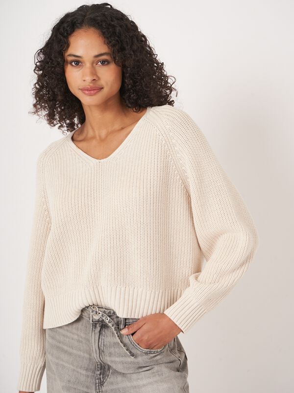 Chunky rib knit cotton V-neck sweater image number 1