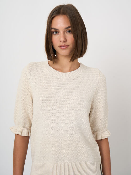 Short sleeve cotton textured knit sweater