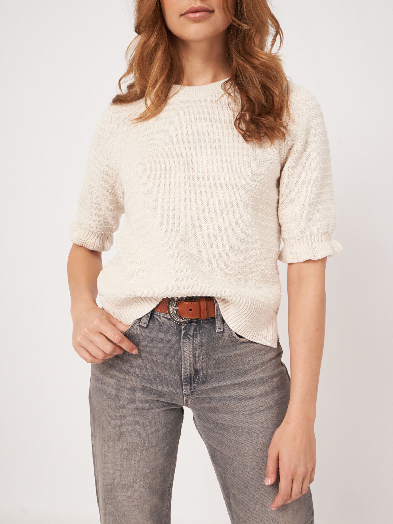 Short sleeve cotton textured knit sweater