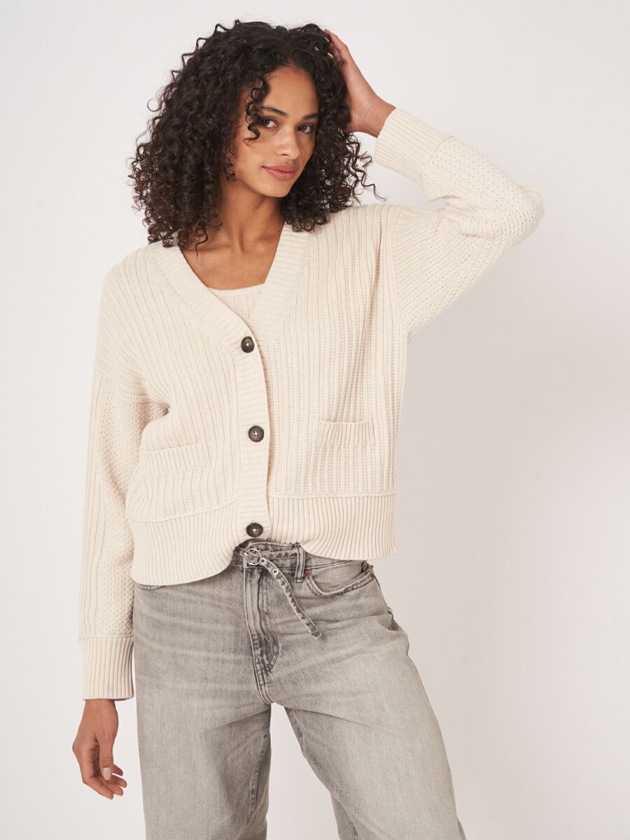 Pure cotton knit cardigan with different textures image number 0