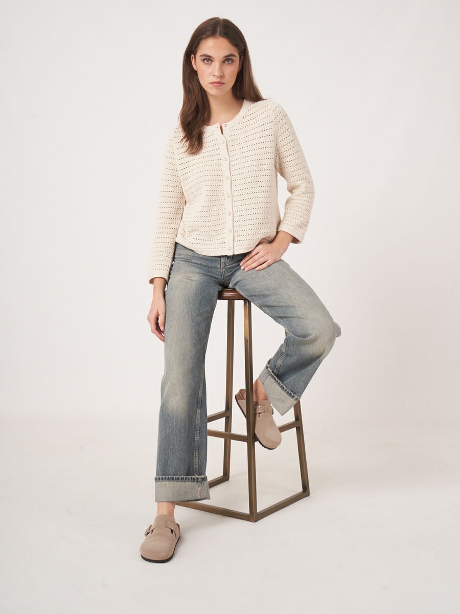 Boxy ajour cardigan with pearl buttons image number 4