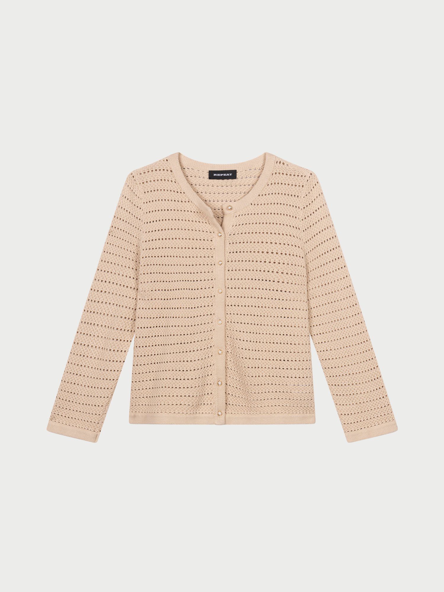 REPEAT cashmere Boxy ajour cardigan met parelknopen