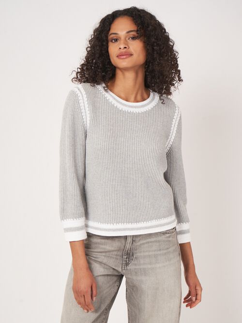 Cotton knit sweater with contrasting crochet seams
