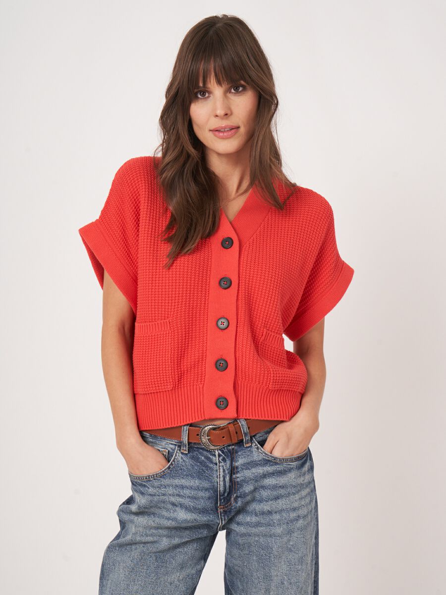 Cardigan sans manches surdimensionné en coton texturé avec poches image number 1