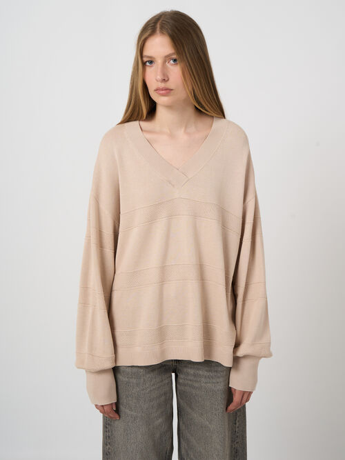V-neck sweater with textured stripes