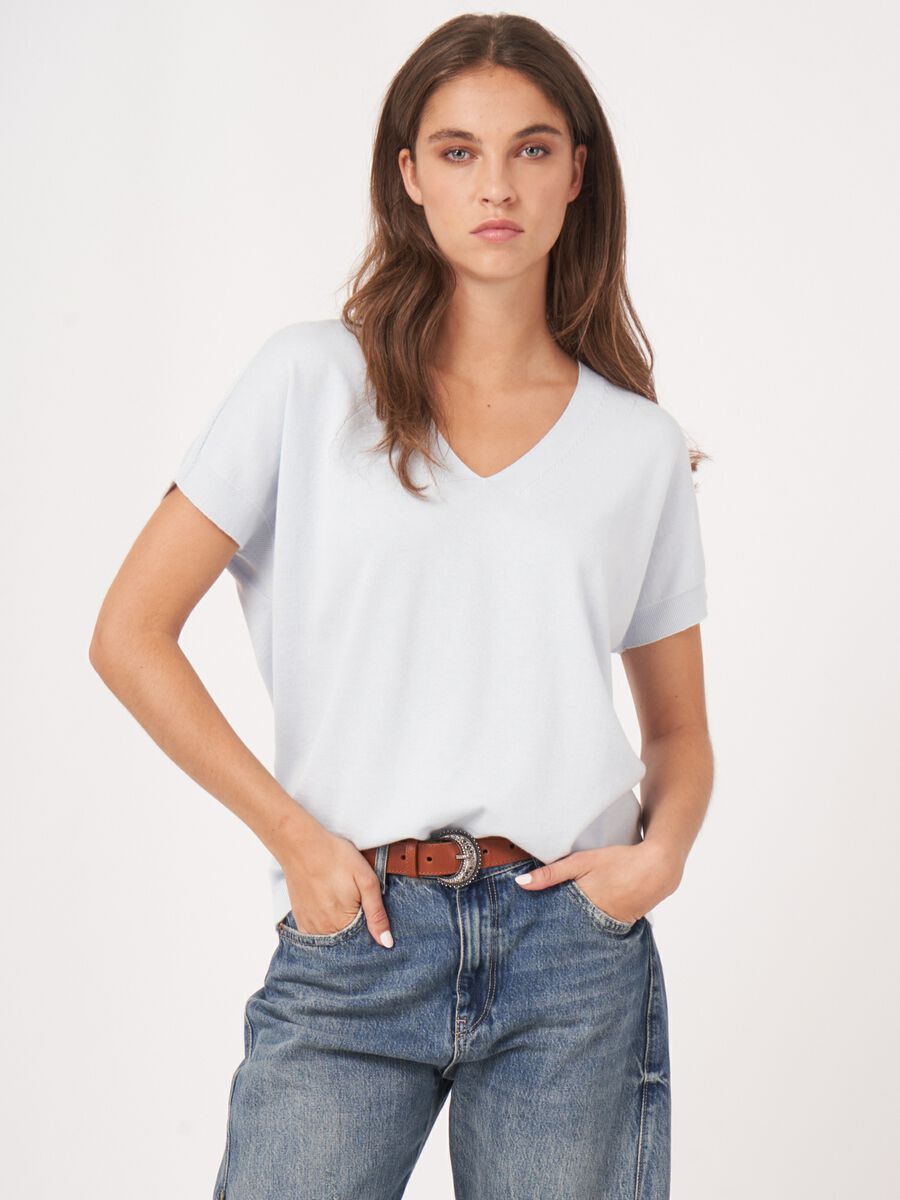 Mouwloze fijn geribde trui van cashmere en katoen image number 2