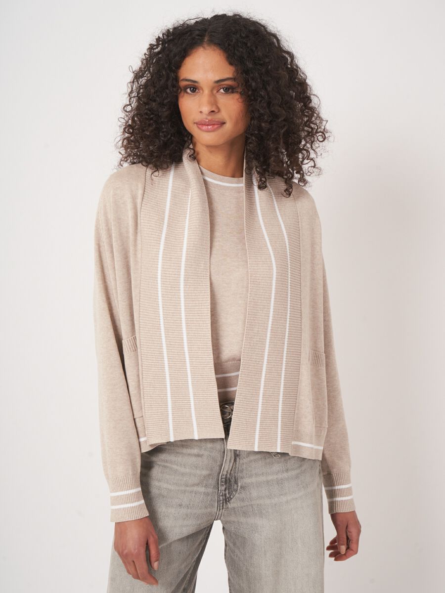 Cotton blend open cardigan with stripe detail image number 2