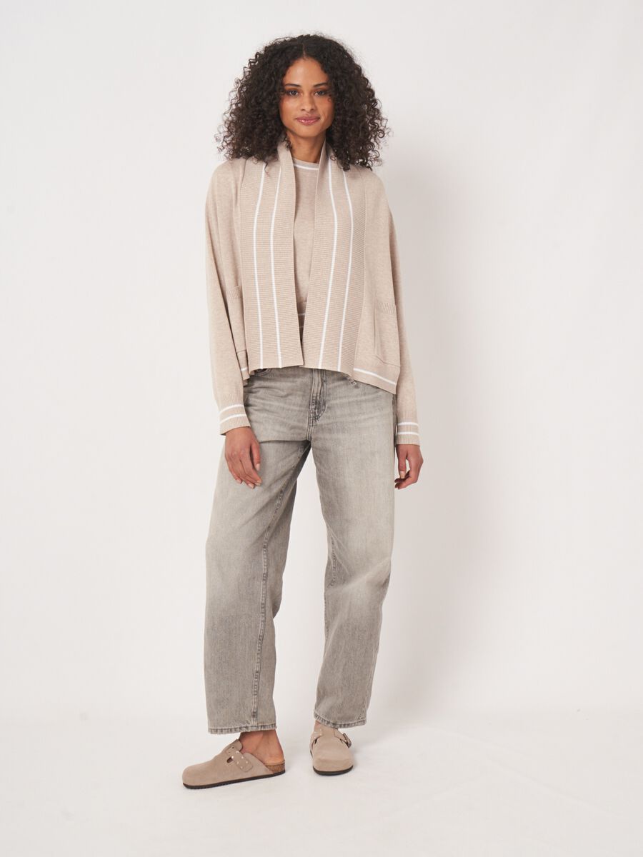 Cotton blend open cardigan with stripe detail image number 3