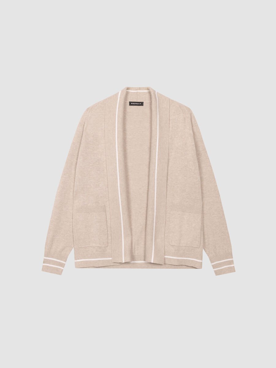 Cotton blend open cardigan with stripe detail image number 1