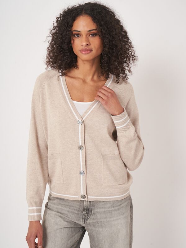 Cotton blend cardigan with pockets with stripe detail image number 0