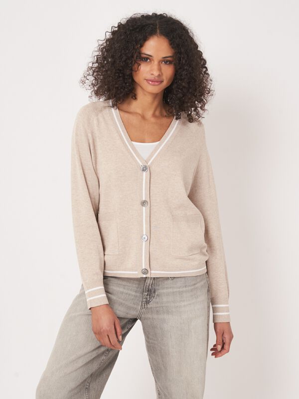 Cotton blend cardigan with pockets with stripe detail image number 2