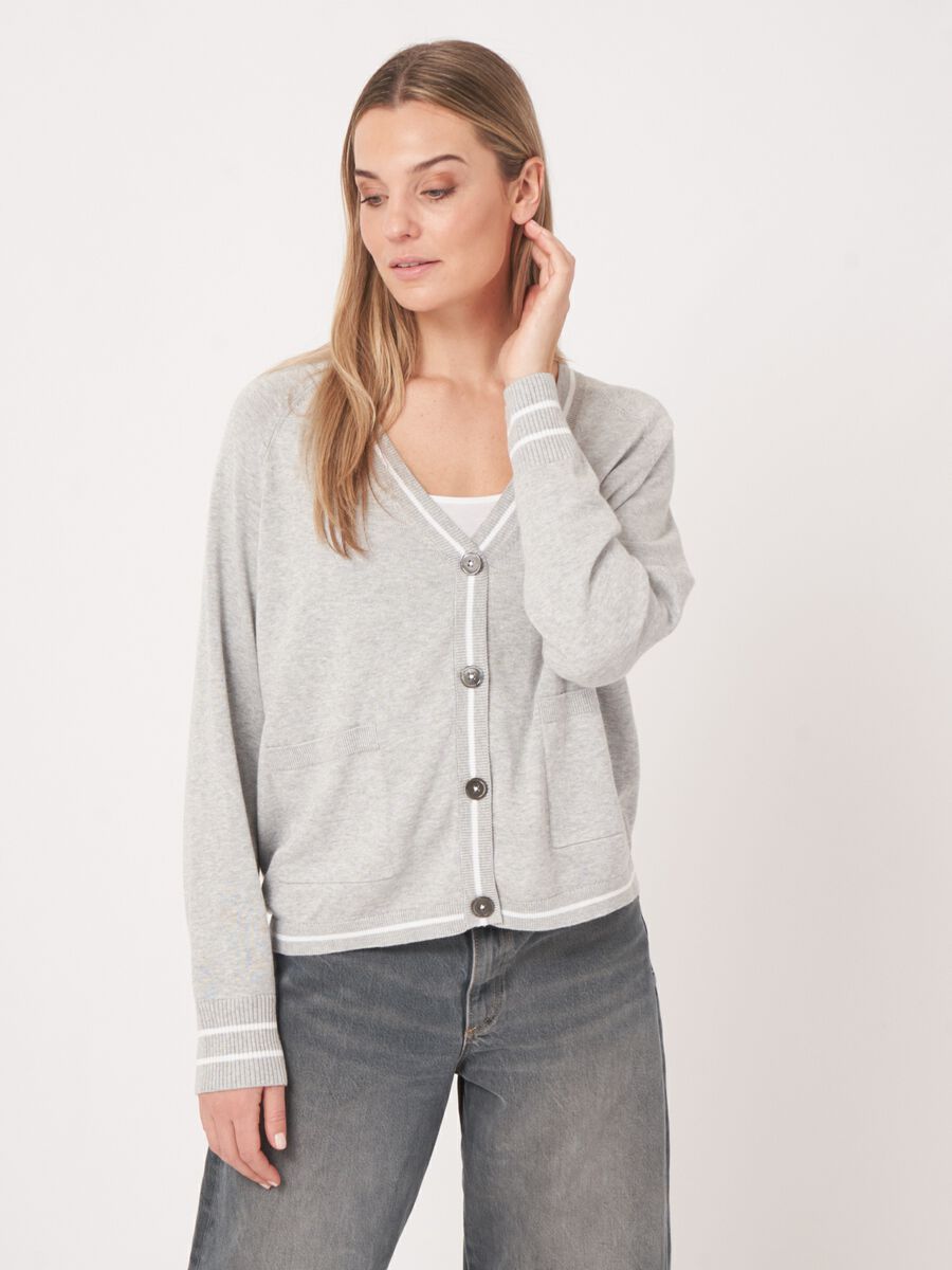 Cotton blend cardigan with pockets with stripe detail image number 2
