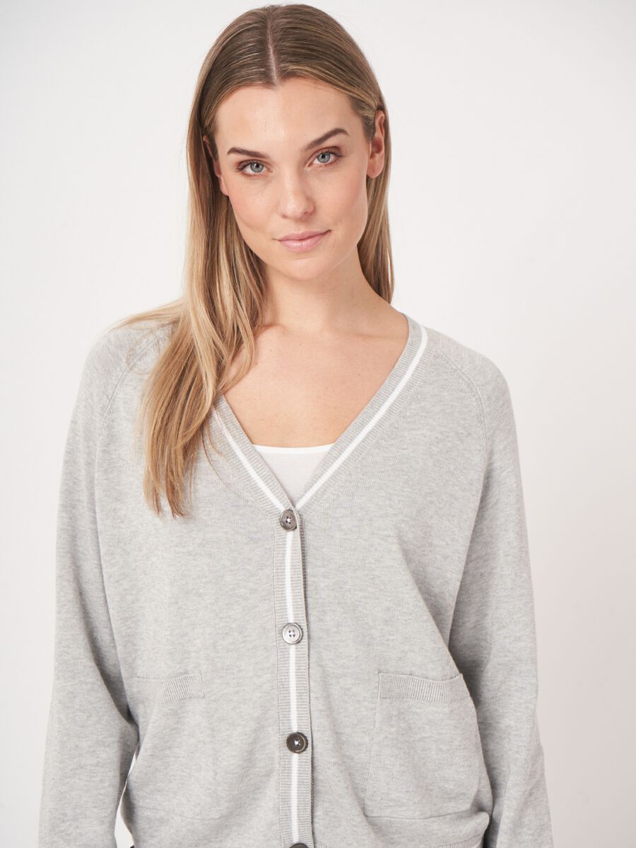 Cotton blend cardigan with pockets with stripe detail image number 3