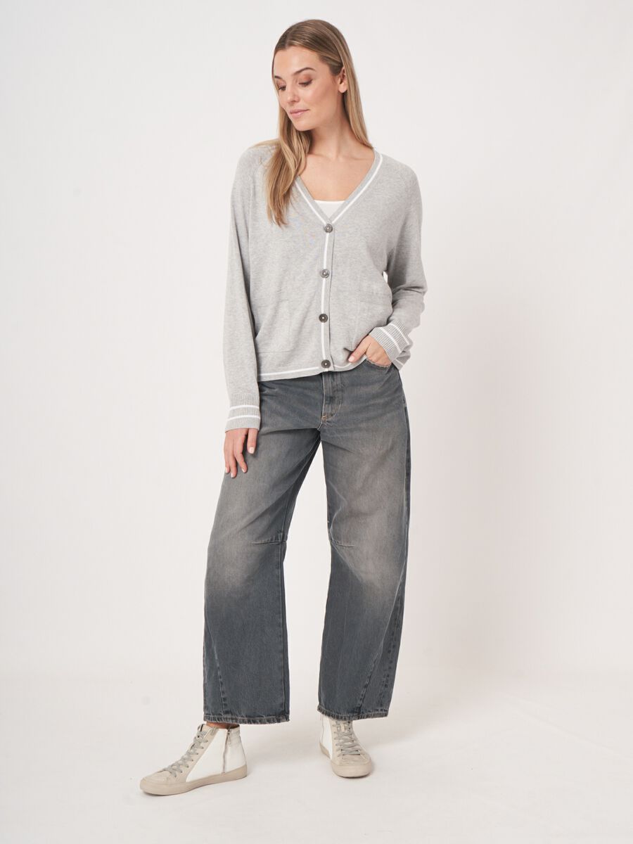 Cotton blend cardigan with pockets with stripe detail image number 4