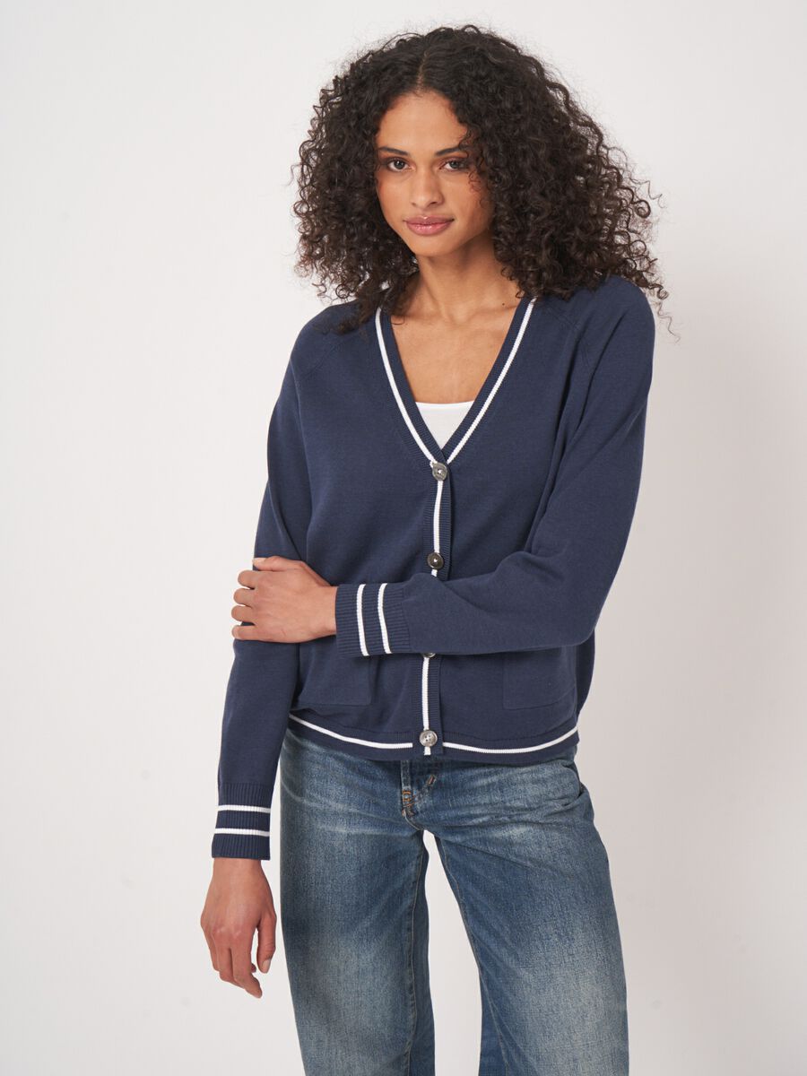 Cotton blend cardigan with pockets with stripe detail image number 2