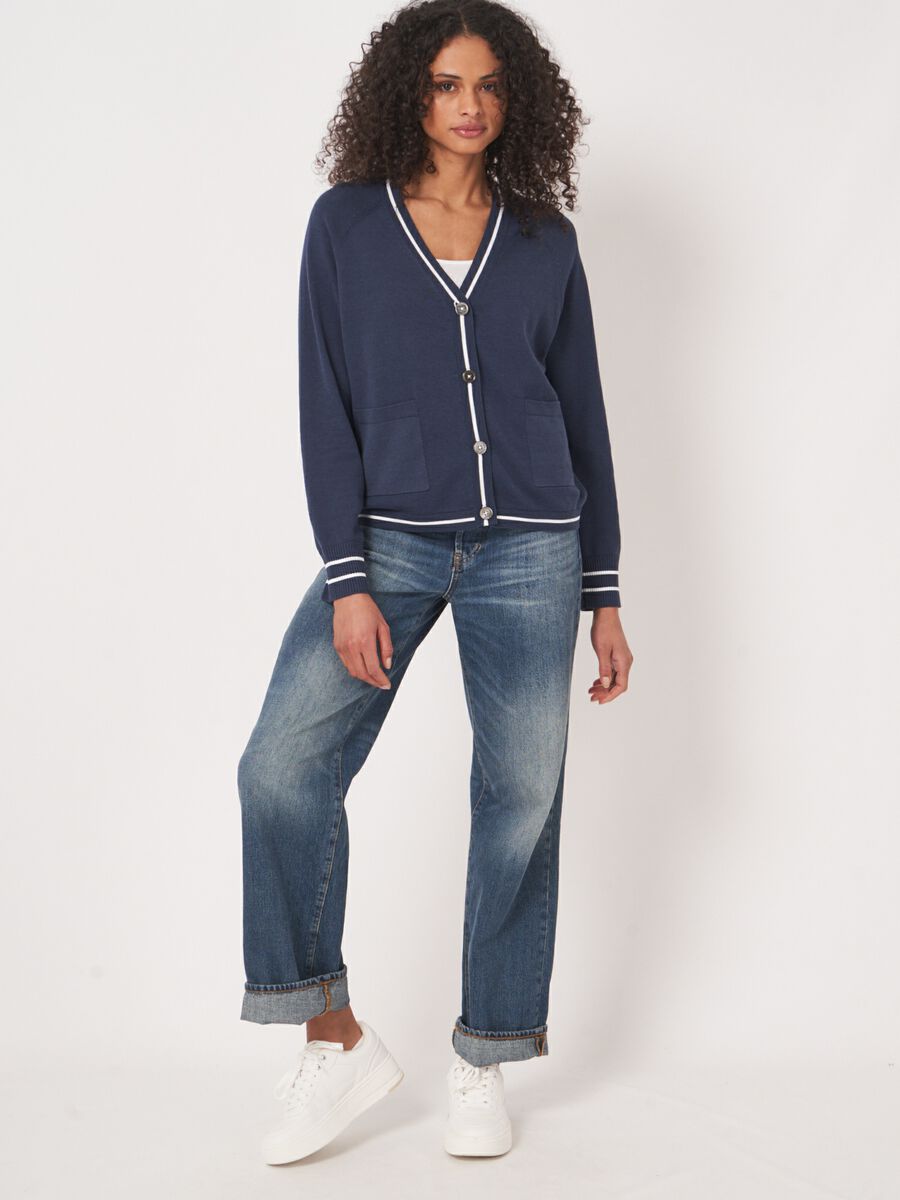 Cotton blend cardigan with pockets with stripe detail image number 3