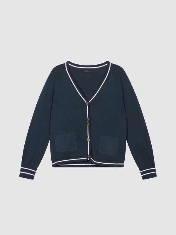 Cotton blend cardigan with pockets with stripe detail image number 1