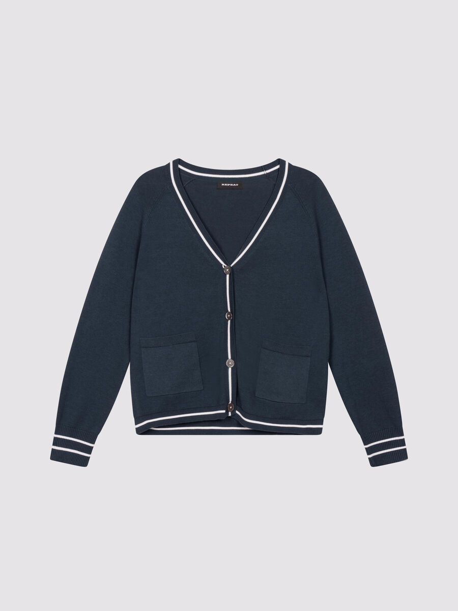 Cotton blend cardigan with pockets with stripe detail image number 1