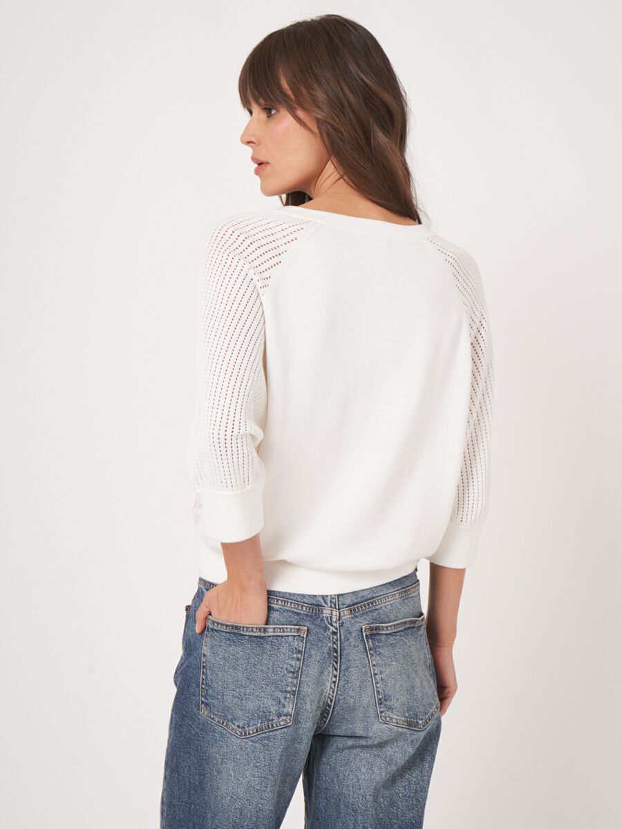 Cotton blend sweater with open knit raglan sleeves image number 3