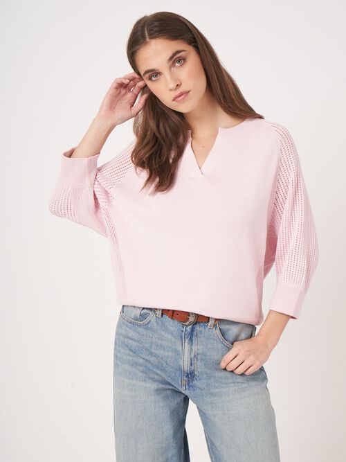Pull avec manches raglan ajour&eacute;es en m&eacute;lange de coton 