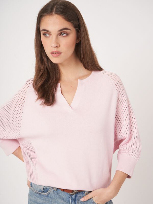 Pull avec manches raglan ajour&eacute;es en m&eacute;lange de coton  image number 1
