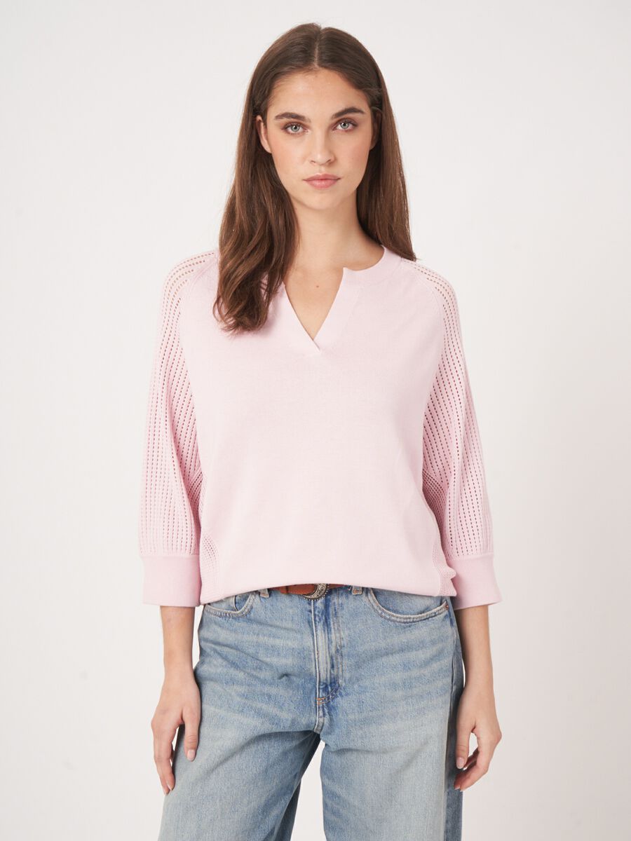 Pull avec manches raglan ajourées en mélange de coton  image number 4