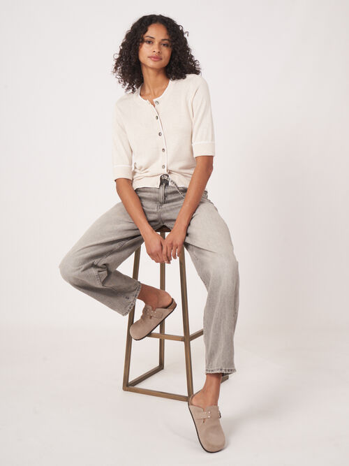 Short sleeve cardigan with contrast seams