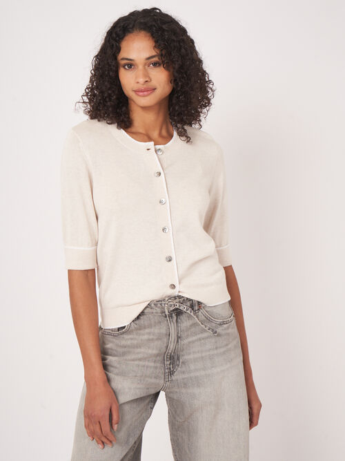 Short sleeve cardigan with contrast seams