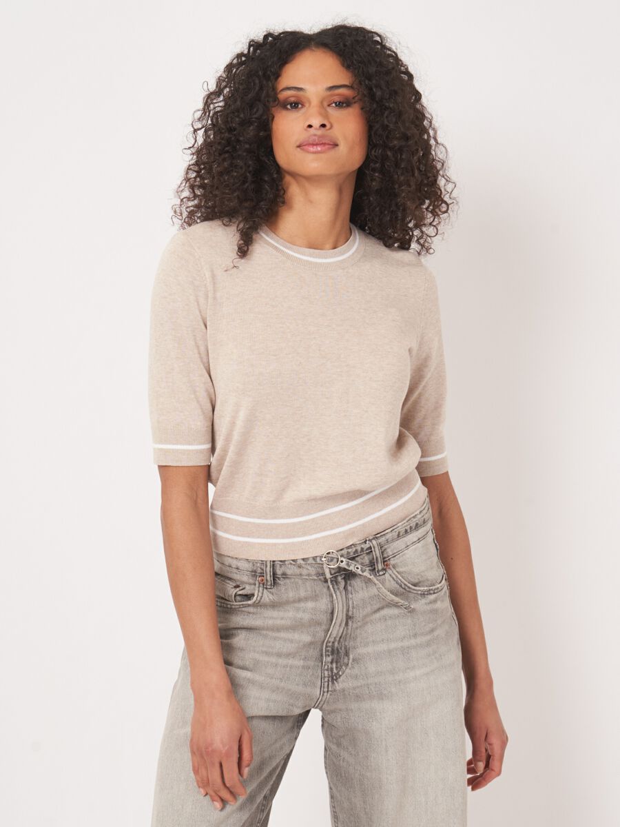 Cotton blend short sleeve sweater with stripe detail image number 2