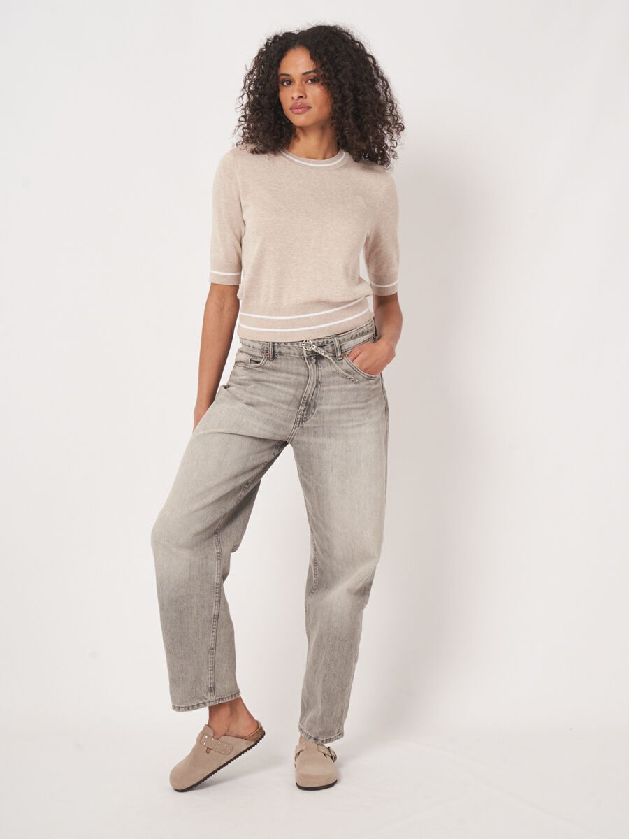 Cotton blend short sleeve sweater with stripe detail image number 3