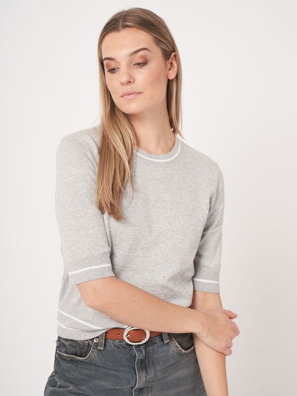 Cotton blend short sleeve sweater with stripe detail image number 0