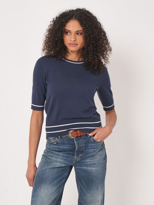 Cotton blend short sleeve sweater with stripe detail image number 2