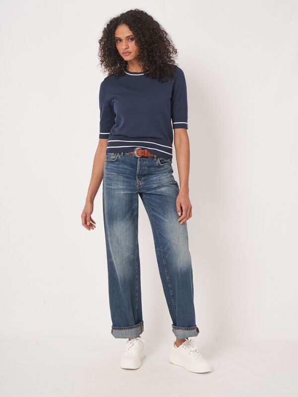 Cotton blend short sleeve sweater with stripe detail image number 3