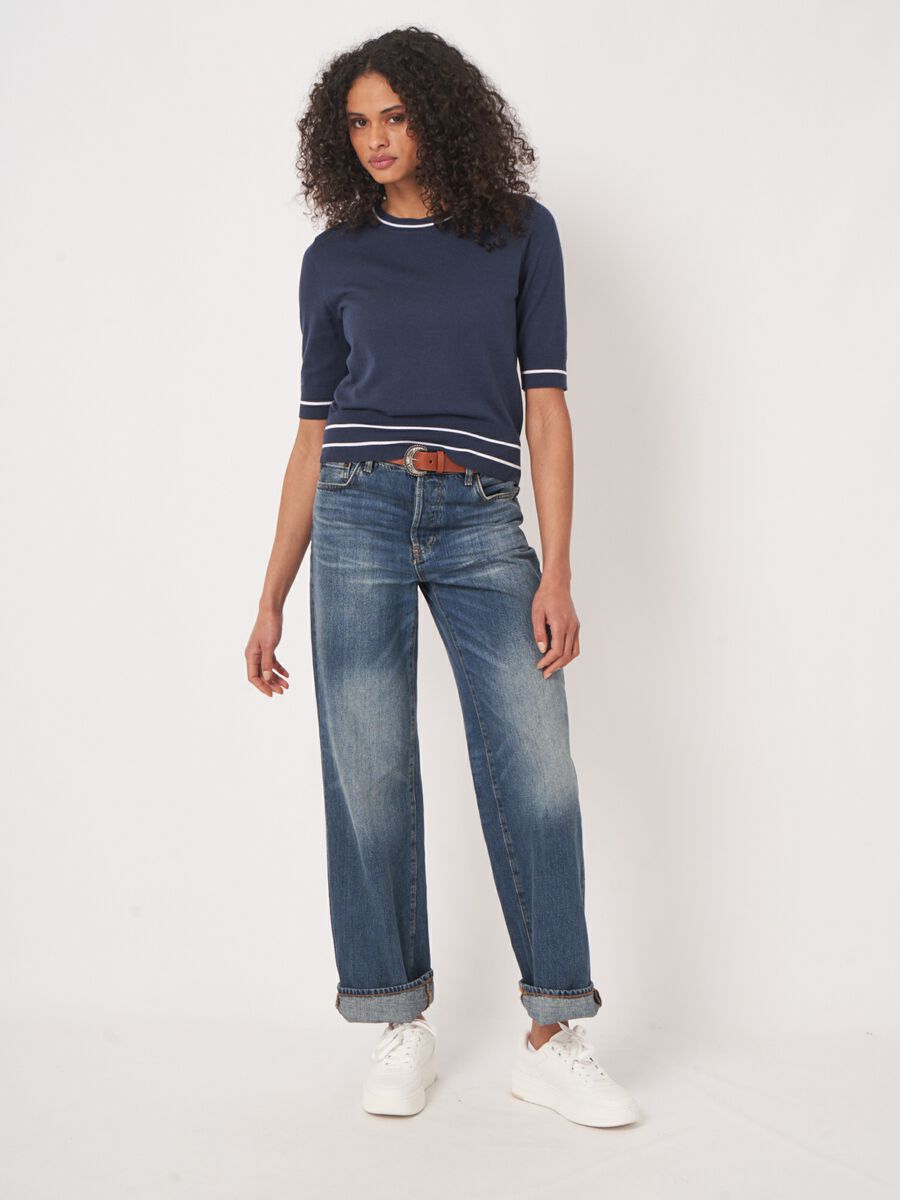 Kort mouw trui met strependetail in katoenmix image number 3