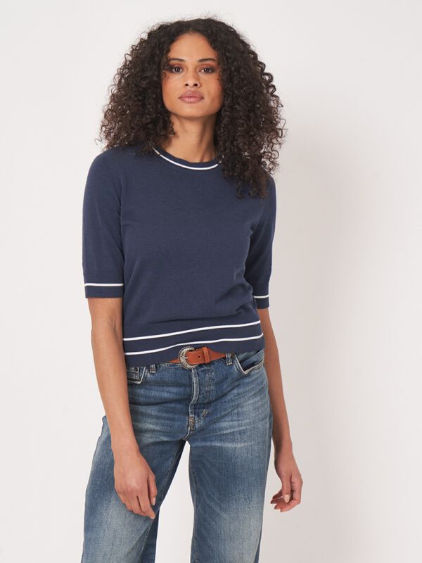 Cotton blend short sleeve sweater with stripe detail image number 4