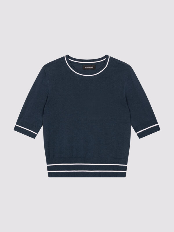 Cotton blend short sleeve sweater with stripe detail image number 1