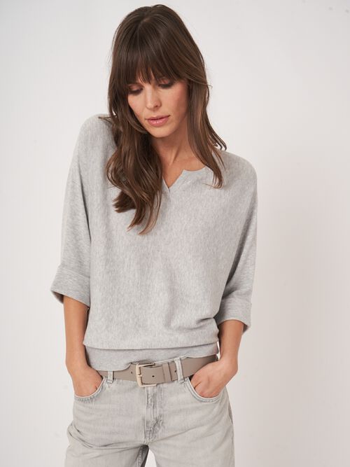 Loose fit cotton blend fine knit batwing sweater