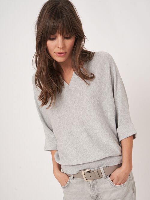 Loose fit cotton blend fine knit batwing sweater