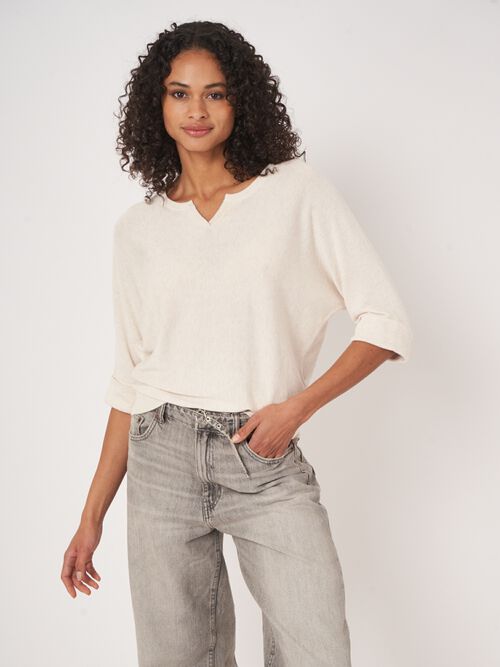 Loose fit cotton blend fine knit batwing sweater